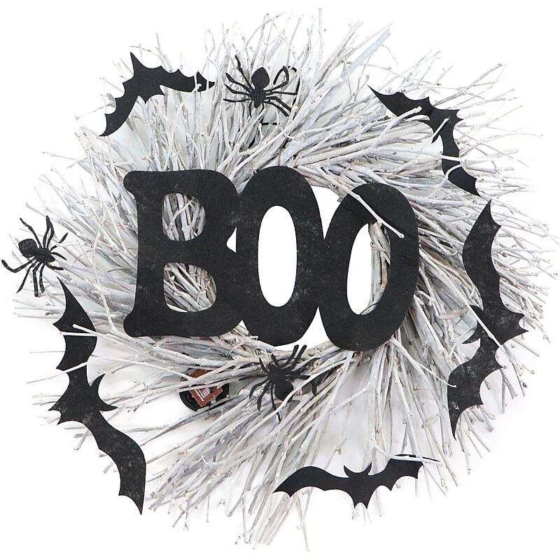 Haunted Hill Farm 15" White Twig Battery-Operated Wreath with LED Lights (HHWRTHBOO-1BR) image 1