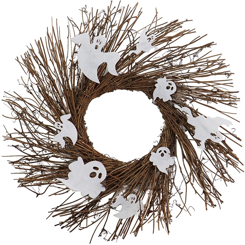 Haunted Hill Farm 20" Battery-Operated Twig Wreath with Lights & Spooky Ghosts (HHWRTHGHST-1BR) image 1