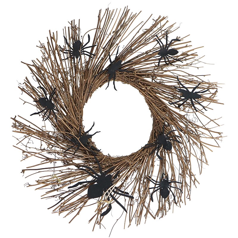 Haunted Hill Farm 20" Battery-Operated Twig Wreath with Lights & Creepy Spiders (HHWRTHSPD-1BR) image 1