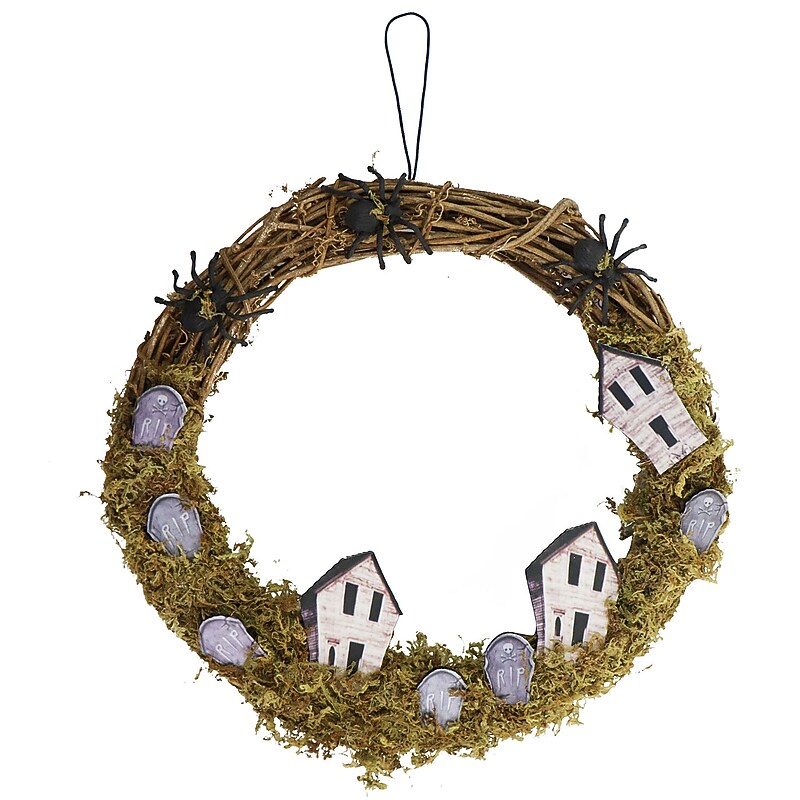 Haunted Hill Farm 15" Grapevine Wreath with Spiders, Tombstones, & Haunted Houses (HHWRTHTOMB-0BR) image 1