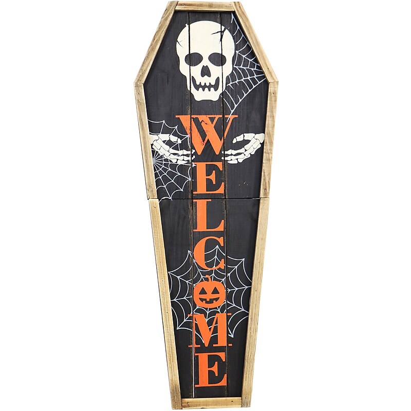 Haunted Hill Farm 33" Wood Coffin Welcome Lawn Art (HHWOODPS033-0BL) image 1