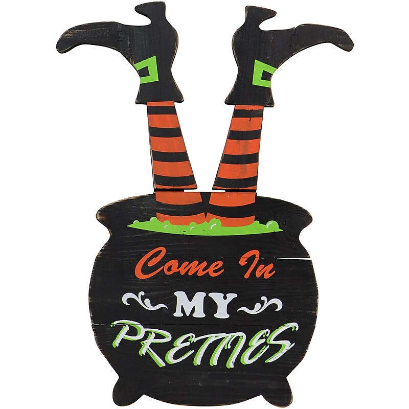 Haunted Hill Farm 24" Come In My Pretties Witch's Cauldron Funny Lawn Art (HHWOODWTCH-0BL) image 1