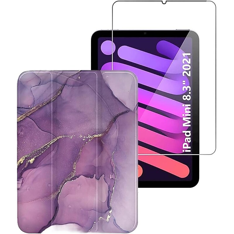 SaharaCase Apple iPad mini A17 Pro & 6th Generation 2021 Protection Bundle, Folio Case with Tempered Glass Screen, Purple Marble image 1