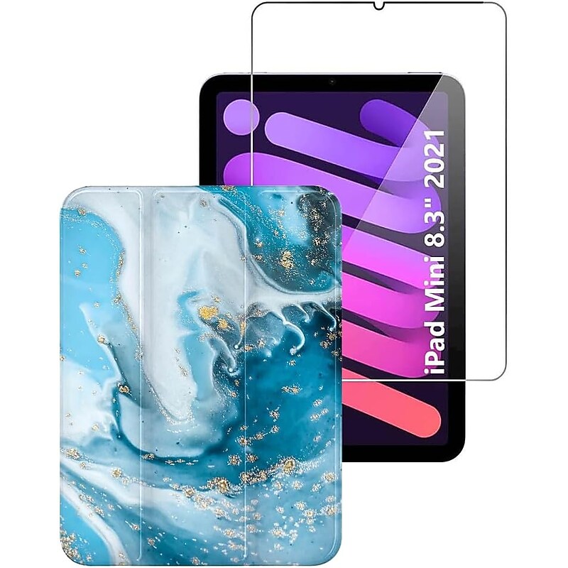 SaharaCase Apple iPad mini A17 Pro & 6th Generation 2021 Protection Bundle, Folio Case with Tempered Glass Screen, Blue Marble image 1