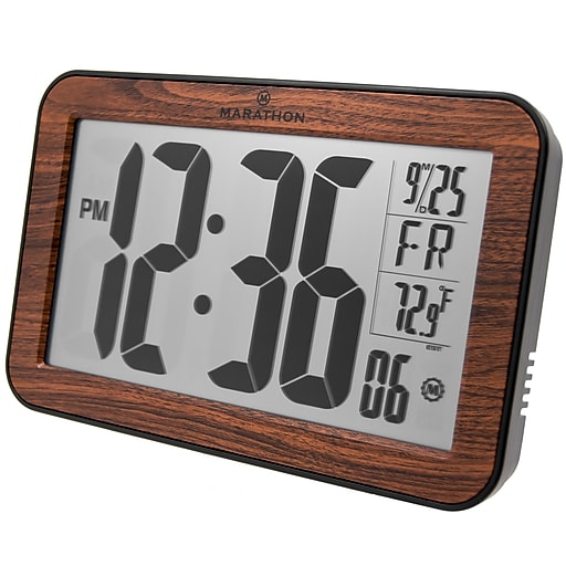 Marathon Atomic Wall Clock, Wood Finish – Large 9-Inch Display – AM/PM or 24-Hour Time, 8 Time Zones, Indoor Temperature, Day & Date – Two AA Batteries Included