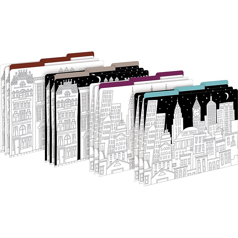 Barker Creek Color Me! Cityscapes File Folder, 1/3-Cut Tab, Letter Size, Assorted Colors, 12/Pack (2005) image 1