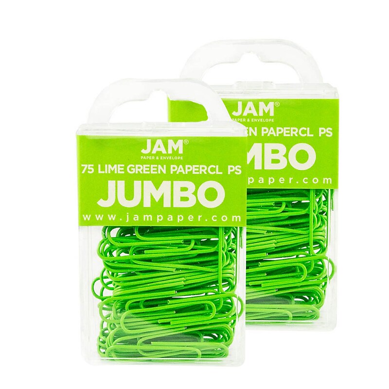 JAM Paper Jumbo Paper Clips, 2" Capacity, Lime Green, 75 Clips/Pack, 2/Pack (21830627a) image 1