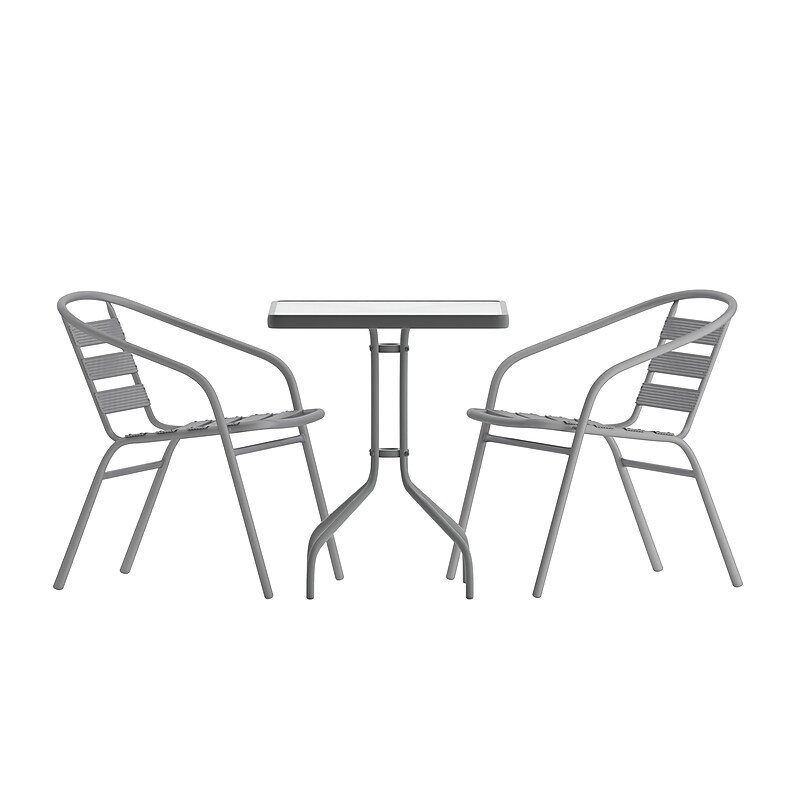 Flash Furniture Lila Glass Top Metal Table with 2 Stack Chairs, 23.75'' Square Silver (TH0731SQ017CBK2) image 1