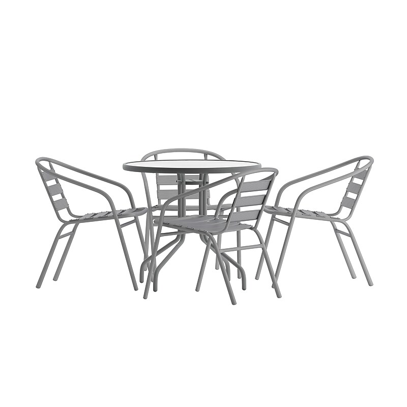 Flash Furniture Lila Glass Top Metal Table with 4 Stack Chairs, 31.5'' Round Silver (TLH072RD017CSV4) image 1