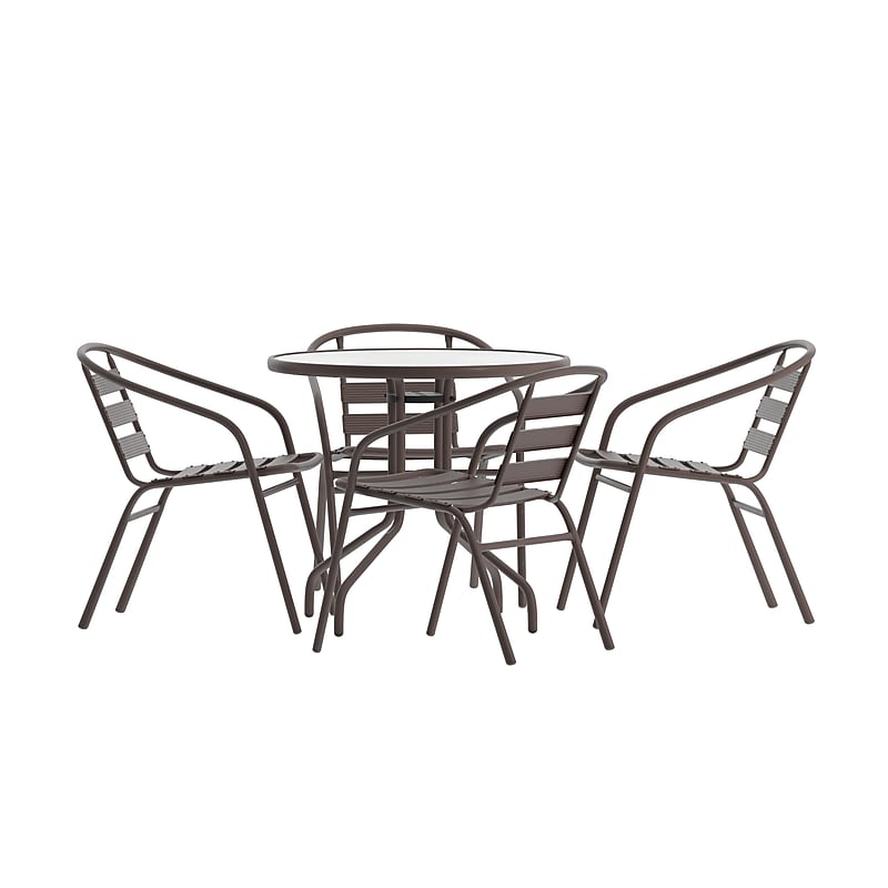 Flash Furniture Lila Glass Top Metal Table with 4 Stack Chairs, 31.5'' Round Bronze (TLH072RD017CBZ4) image 1