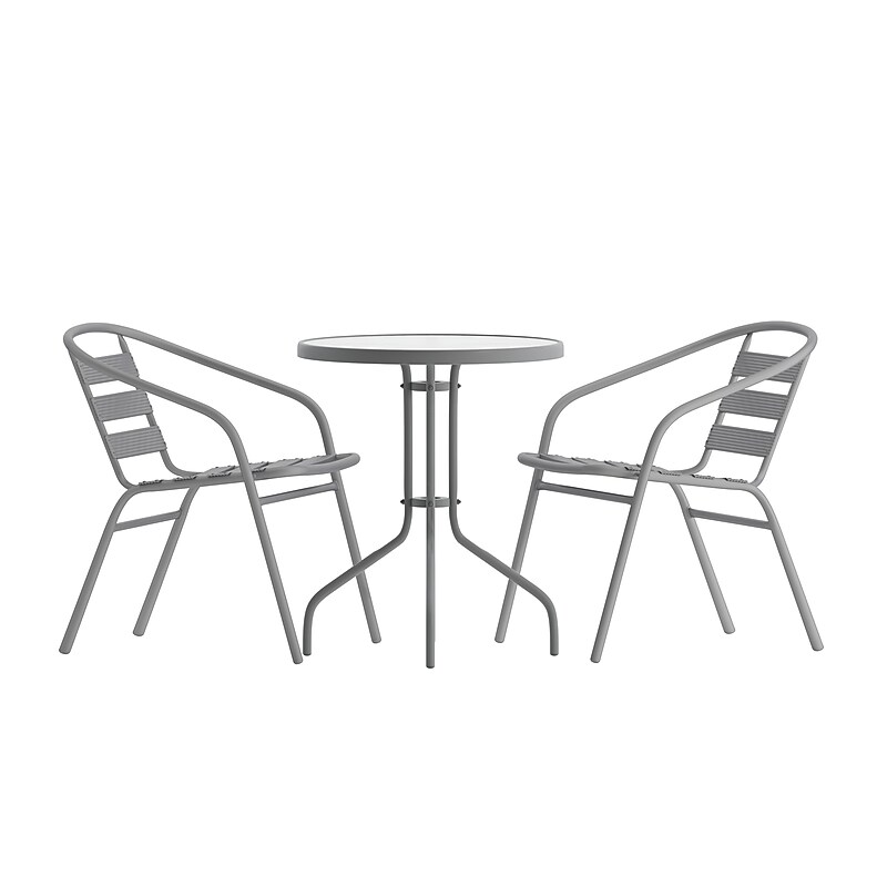 Flash Furniture Lila Glass Top Metal Table with 2 Stack Chairs, 23.75'' Round Silver (TLH071RD017CSV2) image 1