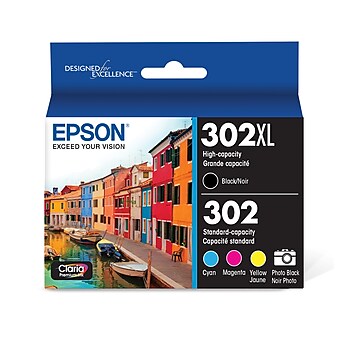 Epson T302XL/T302 Black High Yield and Cyan/Magenta/Yellow Standard Yield Ink Cartridge, 5/Pack (T302XL-BCS)
