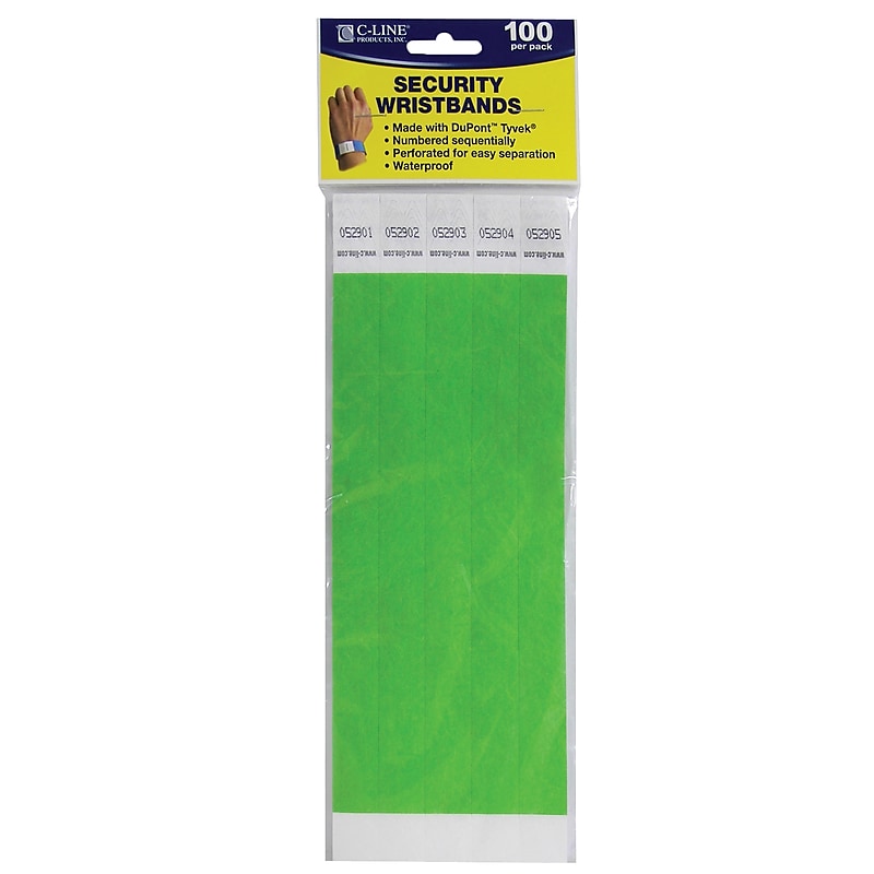 C-Line® CLI89103 Security Wristbands, Green, Pack of 100 image 1