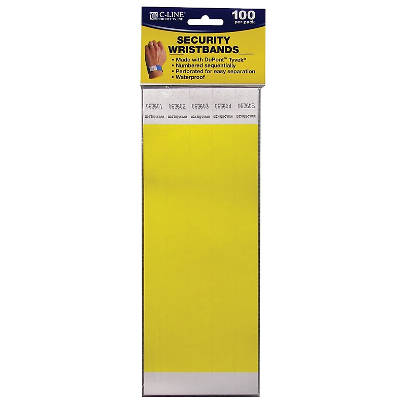 C-Line® CLI89106 Security Wristbands, Yellow, Pack of 100 image 1