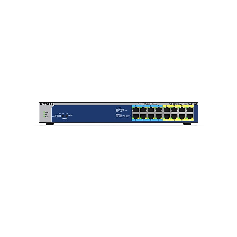 Netgear 16-Port Gigabit Ethernet PoE Unmanaged Switch, 10/100/1000 Mbps, Black/Blue (GS516UP-100NAS) image 1