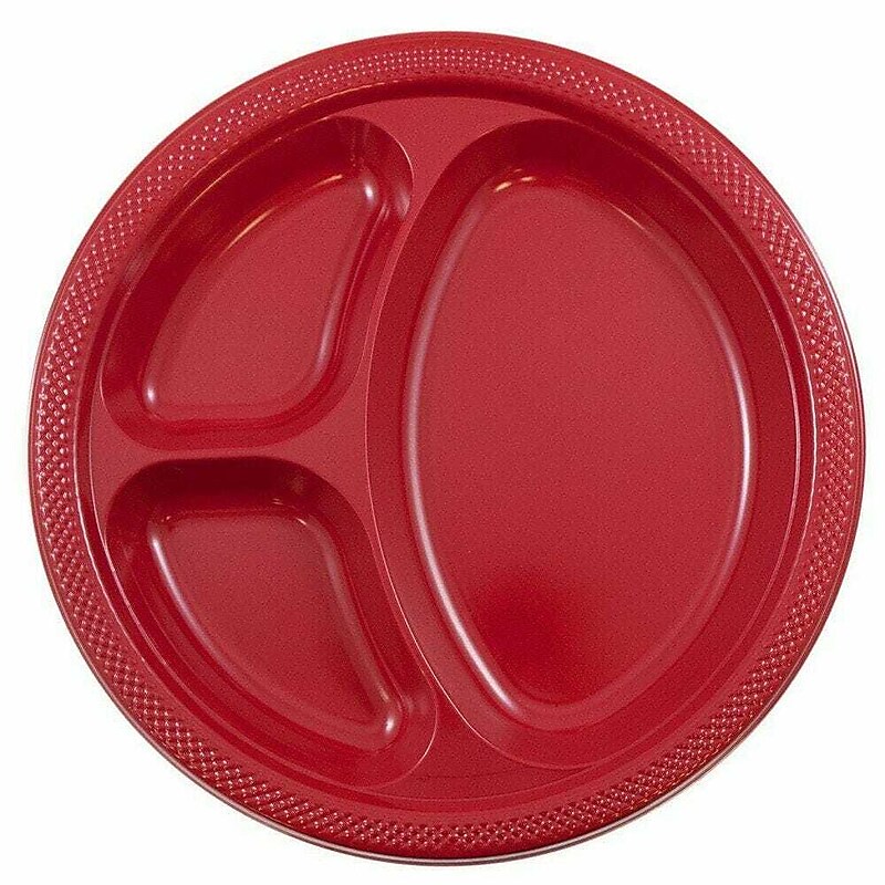 JAM Paper 10 1/4" 3-Compartment Plastic Plates, Red, 20 Plates/Pack (10255CPGLS) image 1
