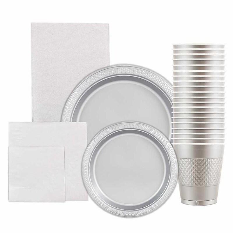 JAM PAPER Party Supply Assortment, Silver, Plates, Napkins, Cups & Tablecloth, 6/Pack (255PPSLVS) image 1