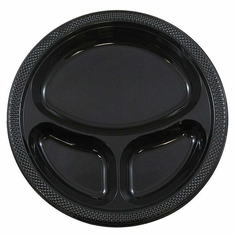 JAM Paper 10 1/4" 3-Compartment Plastic Plates, Black, 20 Plates/Pack (10255CPGLS) image 1