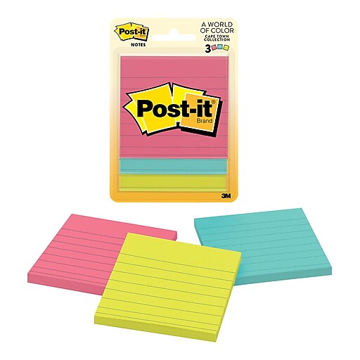 Postit® Notes, 3" x 3" Cape Town Collection, Lined, 50 Sheets/Pad, 3