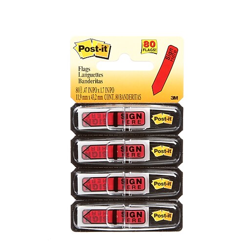 Postit® 'Sign Here' Message Flags, .47" Wide, Red, 80 Flags/Pack (684RDSH) Staples