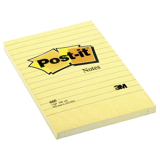 Postit® Super Sticky Notes, Canary Yellow, 4" x 6", Lined, 5 Pads/Pack