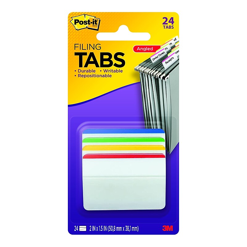 Post-It® Hanging File Folder Durable Tabs,  2" Wide, 4 Assorted Colors, Lined, 24 Tabs/Pack (686A1) image 1