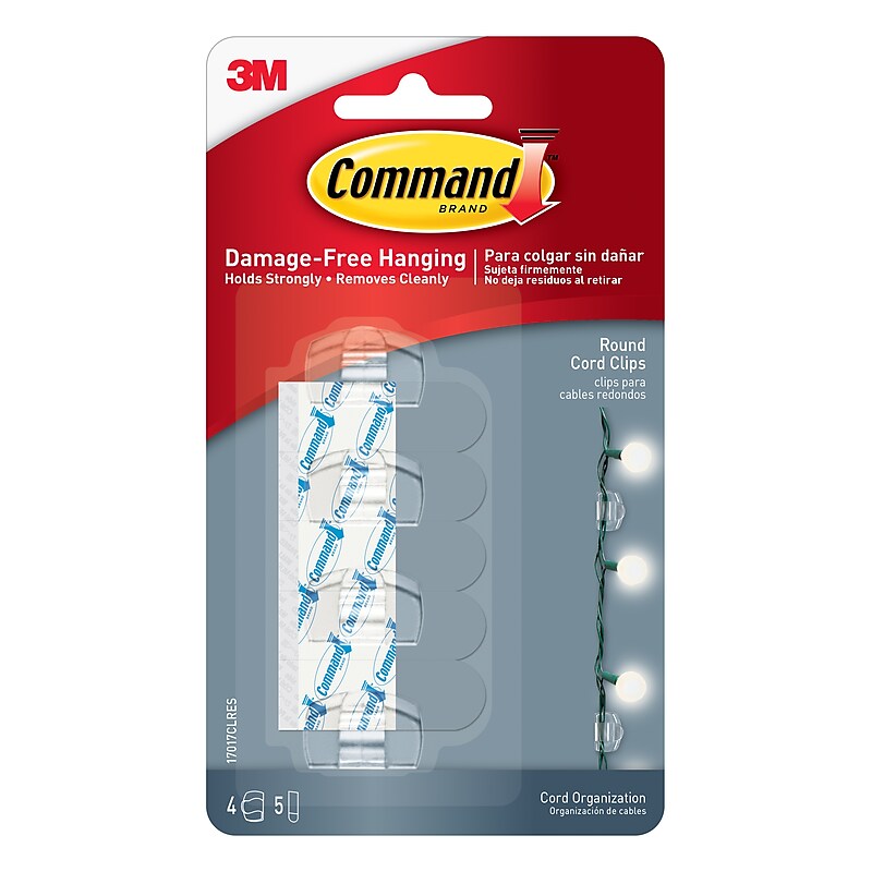 Command Round Cord & Light Clips, Clear, 4/Pack (17017CLR) image 1