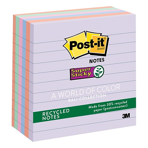 Postit® Recycled Super Sticky Notes, 4" x 4", Bali Collection, Lined