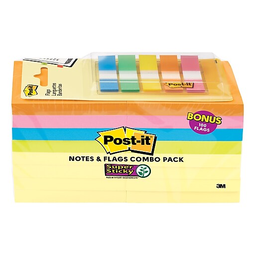 Postit® Notes and Flags Combo, 3" x 3" Assorted Colors, 90 Sheets/Pad, 16 Pads/Pack plus Bonus