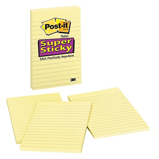Postit® Super Sticky Notes, Canary Yellow, 4" x 6", Lined, 3 Pads/Pack