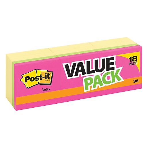 Postit® Notes, 3" x 3" Assorted Colors, 100 Sheets/Pad, 18 Pads/Pack (65414+4YWB) Staples