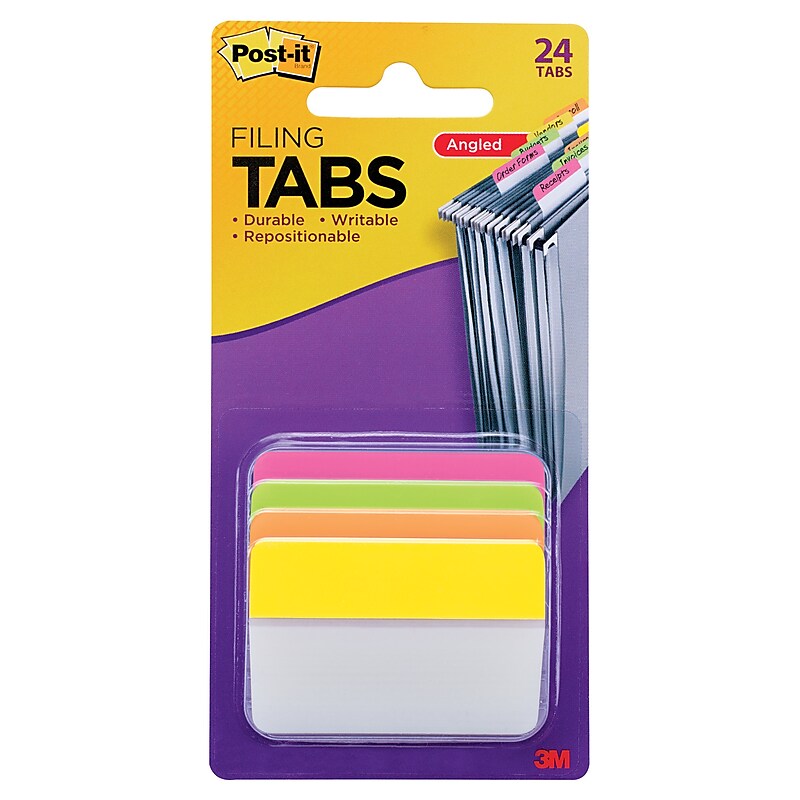 Post-it® Filing Tabs, 2" Wide, Angled, Solid, Assorted Colors, 24 Tabs/Pack (686A-PLOY) image 1