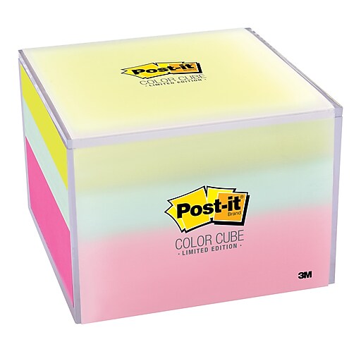Postit® Notes Cube in Reusable Container, Assorted Colors, 3" x 3