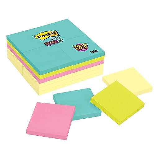 Postit® Super Sticky Notes, 3" x 3", Miami Collection, 90 Sheets/Pad