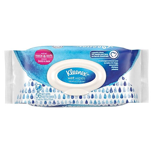 Kleenex Wet Wipes Gentle Clean for Hands and Face, Fliptop Pack, 56
