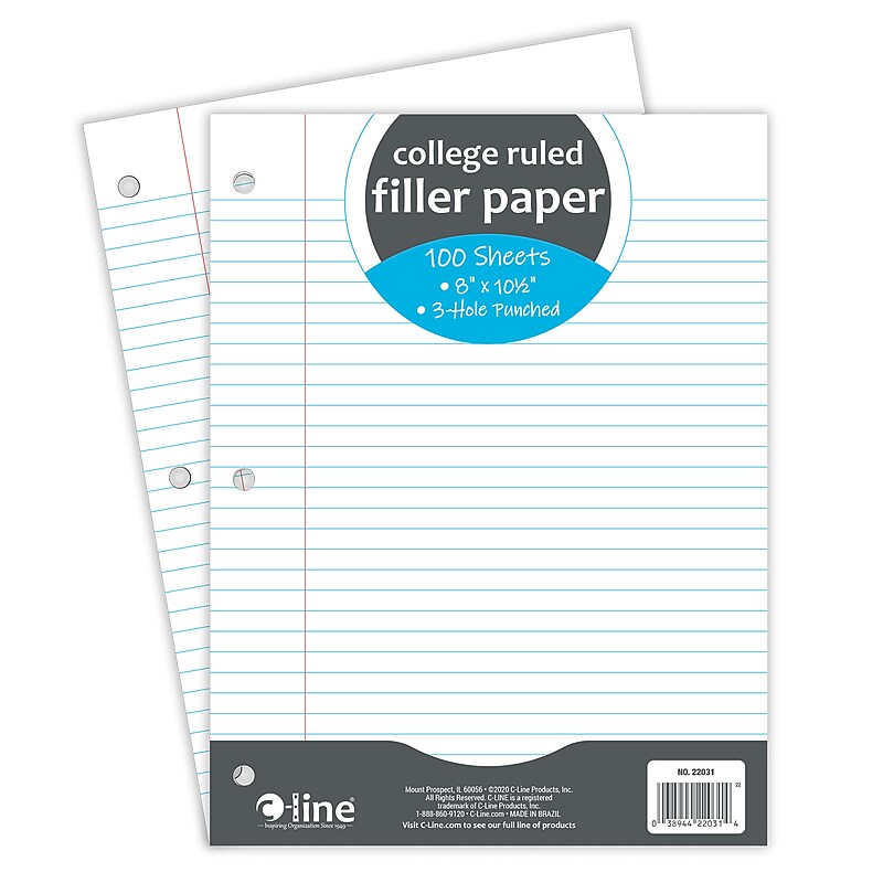 C-Line College Ruled Filler Paper, 8" x 10.5", 3-Hole Punched, 100 Sheets/Pack, 12/Bundle (CLI22031-12) image 1