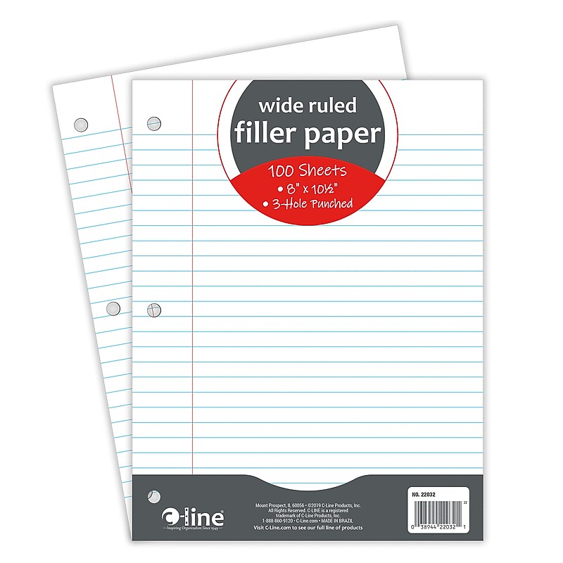 C-Line Wide Ruled Filler Paper, 8" x 10.5", 3-Hole Punched, 100 Sheets/Pack, 12/Bundle (CLI22032-12) image 1