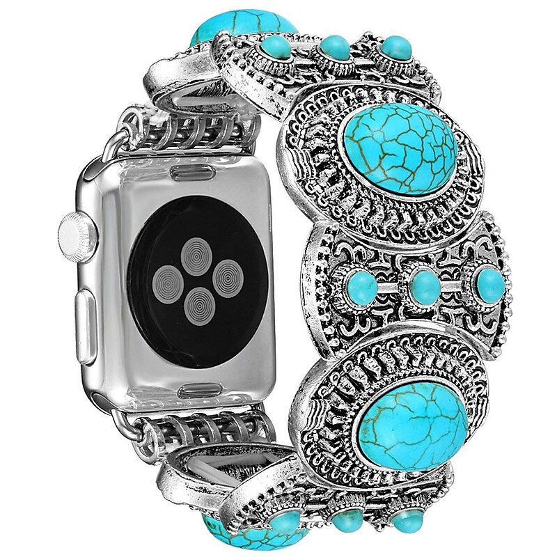 Worryfree Gadgets Stretchy Boho Metal Wristband with Turquoise for Apple Watch, Silver, 42/44/45/49mm (VLL305-45) image 1