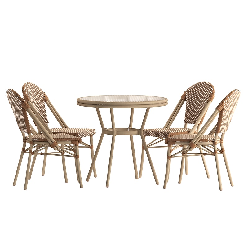 Flash Furniture Lourdes Indoor/Outdoor French Bistro Table with 4 Stack Chairs, Natural/White, 5/Set (SDA64280401FNWL) image 1