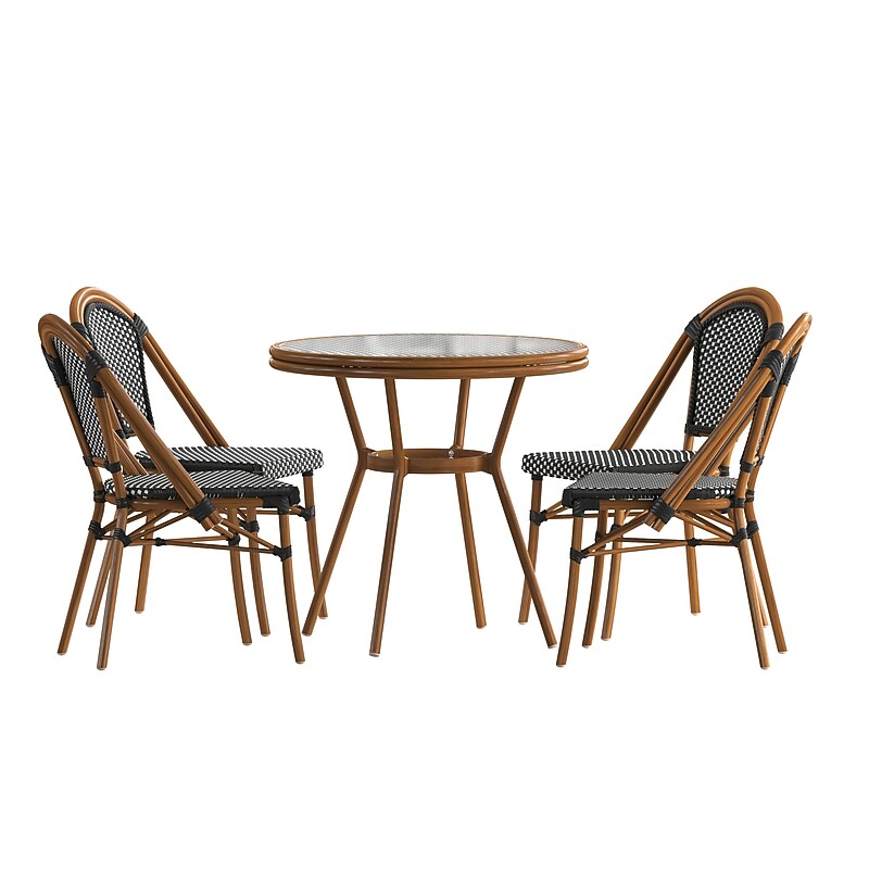 Flash Furniture Bordeaux Indoor/Outdoor French Bistro Table with 4 Stack Chairs, Black/White, 5/Set (SDA642804001BWN) image 1