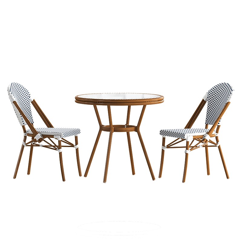 Flash Furniture Lourdes Indoor/Outdoor French Bistro Table with 2 Stack Chairs, White/Navy, 3/Set (SDA64280201FWNN) image 1