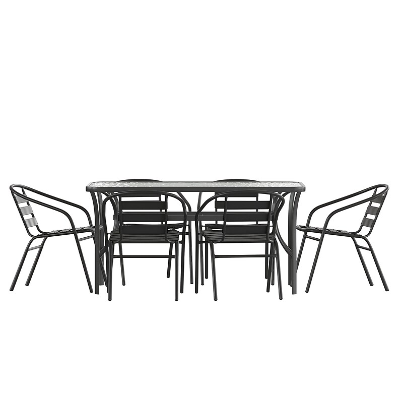 Flash Furniture Lila Commercial Outdoor Patio Dining Set with Glass Patio Table and 6 Chairs, Black, 7/Set (TLH94B017CBK) image 1
