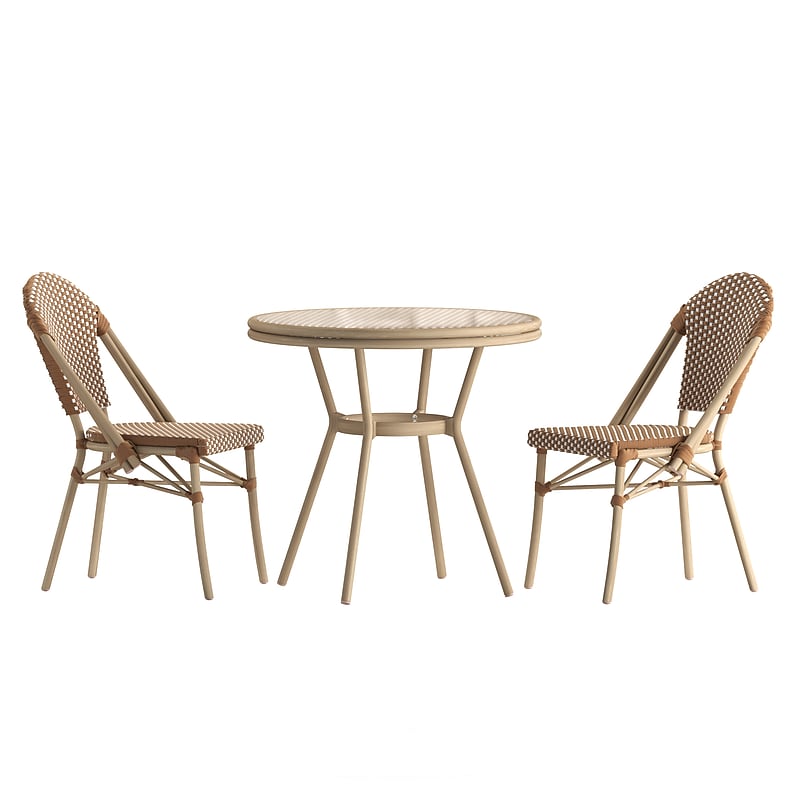Flash Furniture Lourdes Indoor/Outdoor French Bistro Table with 2 Stack Chairs, Natural/White, 3/Set (SDA64280201FNWL) image 1