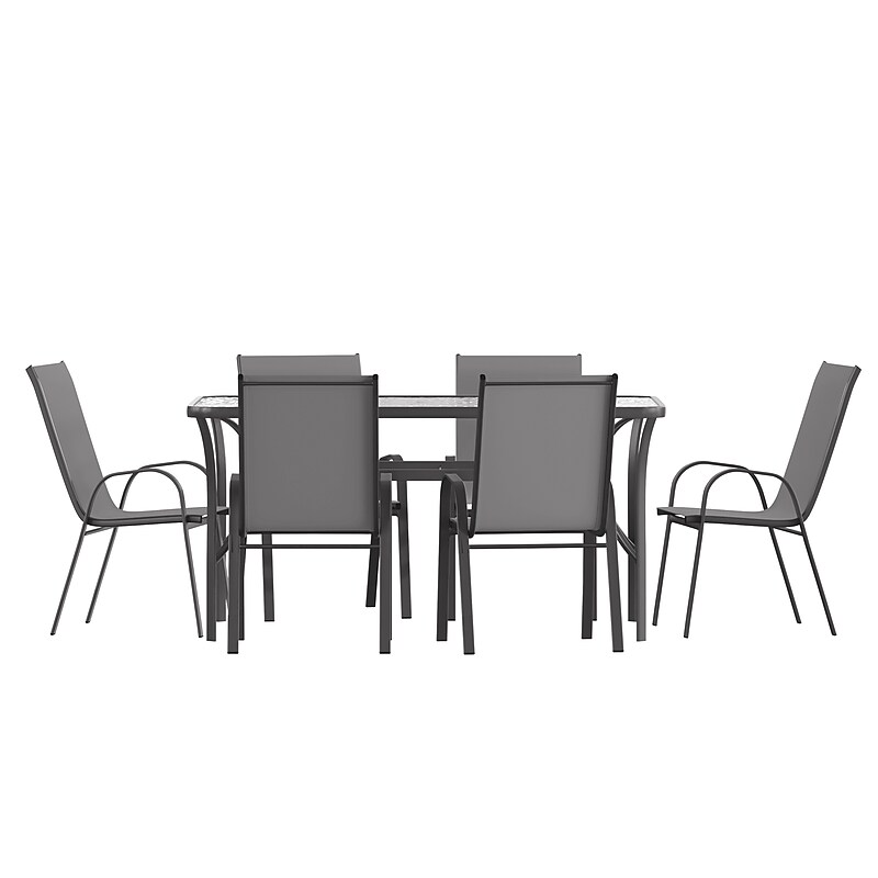 Flash Furniture Brazos Commercial Grade Patio Dining Set with Glass Patio Table and 6 Chairs, Gray, 7/Set (TLH94B303CG) image 1