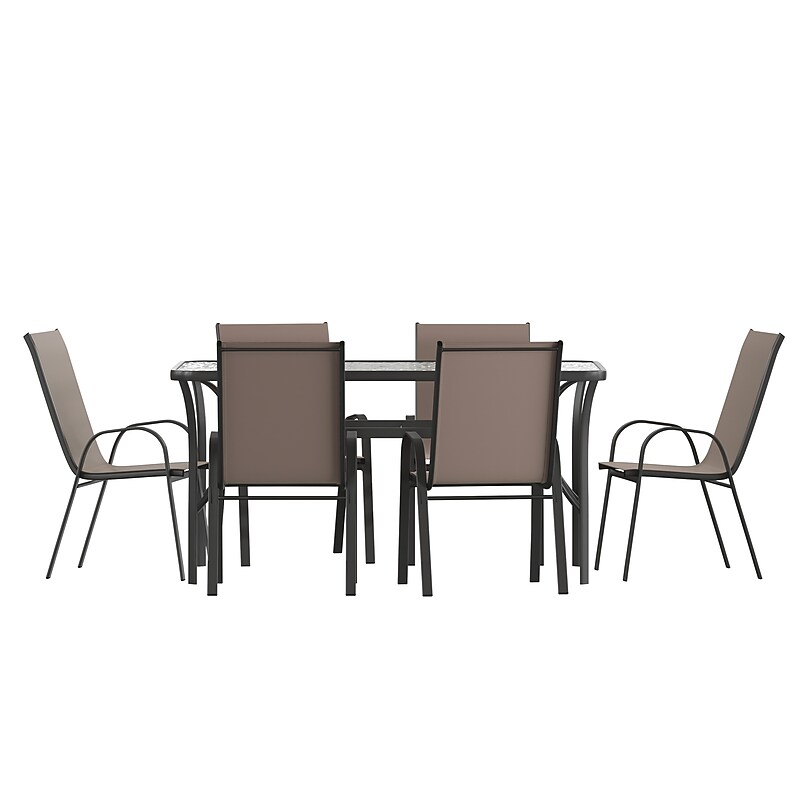 Flash Furniture Brazos Commercial Grade Patio Dining Set with Glass Patio Table and 6 Chairs, Brown, 7/Set (TLH94B303CB) image 1