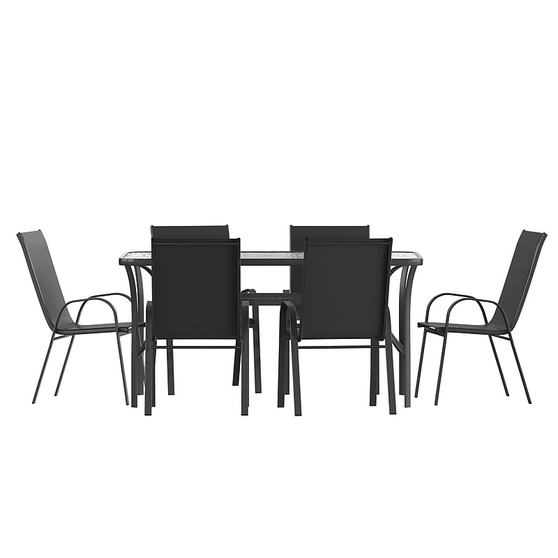 Flash Furniture Brazos Commercial Grade Patio Dining Set with Glass Patio Table and 6 Chairs, Black, 7/Set (TLH94B303C) image 1