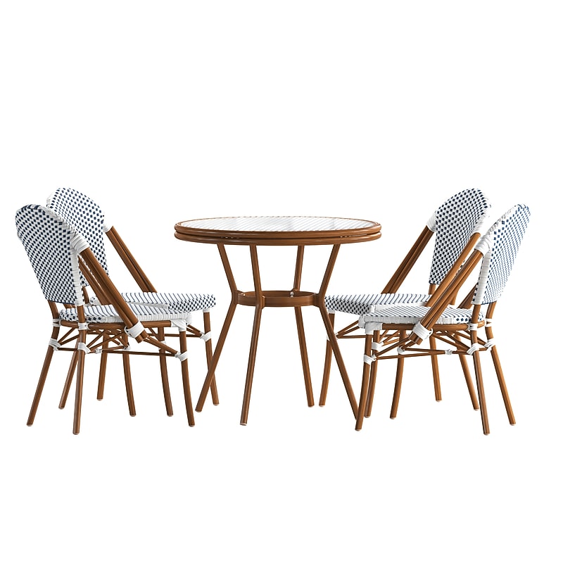 Flash Furniture Lourdes Indoor/Outdoor French Bistro Table with 4 Stack Chairs, White/Navy, 5/Set (SDA64280401FWNN) image 1