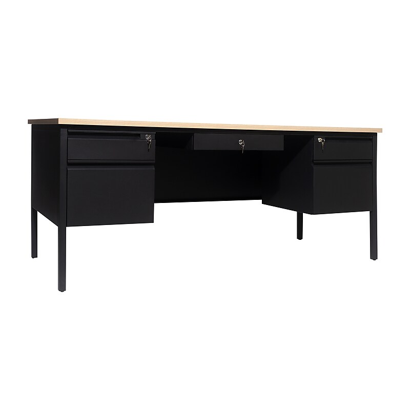 Flash Furniture Cambridge 70"W Double Pedestal Desk, White Oak/Black (GCMBLK180WOK) image 1