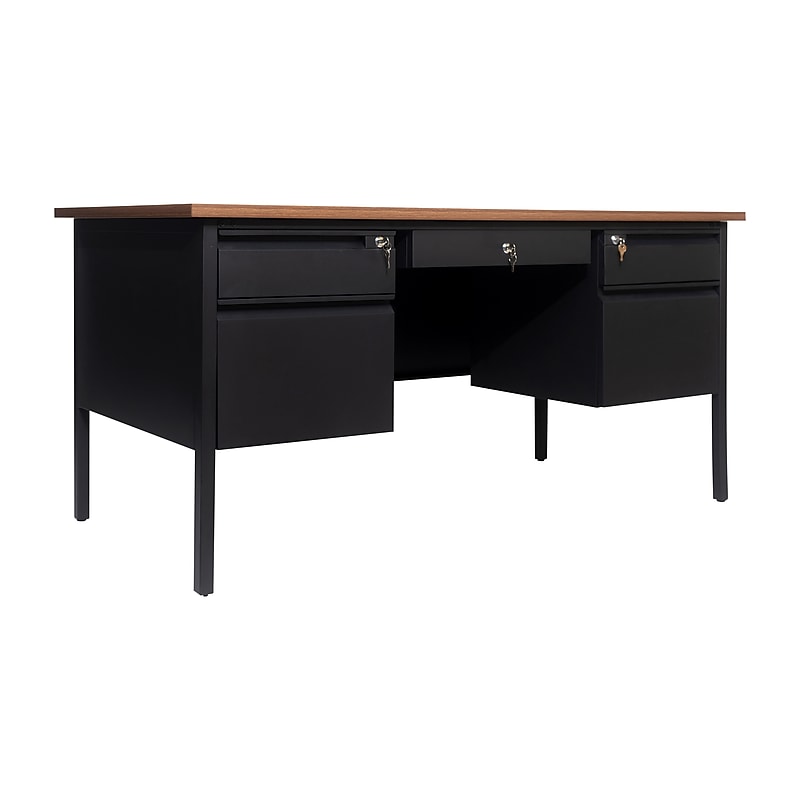 Flash Furniture Cambridge 60"W Double Pedestal Desk, Walnut/Black (GCMBLK179WLN) image 1