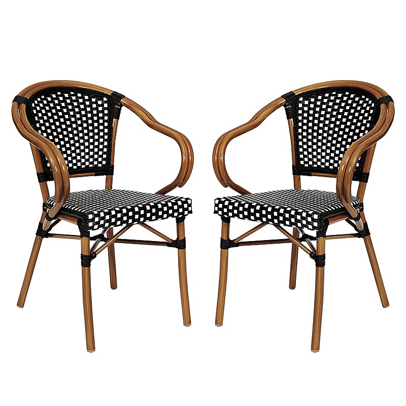 Flash Furniture Bordeaux Indoor/Outdoor French Bistro Stacking Chair with Arms, Black/White/Natural, 2/Pack (2SDAS642142BKWN) image 1